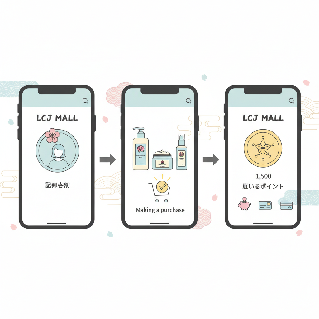 LCJ MALLでのポイ活の基本ステップ：登録、購入、ポイント獲得のイラスト