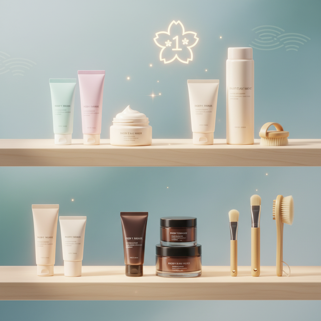 LCJ MALLで人気のボディケア商品が魅力的に陳列されたイメージ。フェイスマスク、ヘアマスク、ブラシなどが含まれ、売上ランキング上位の製品であることを示唆
