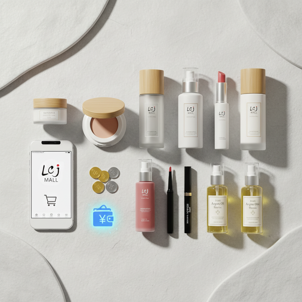 レシート買取アプリで貯めたポイントでLCJ MALLの高品質な美容商品を購入し、賢く美を磨くイメージ。化粧品やヘアケア製品が並べられている。