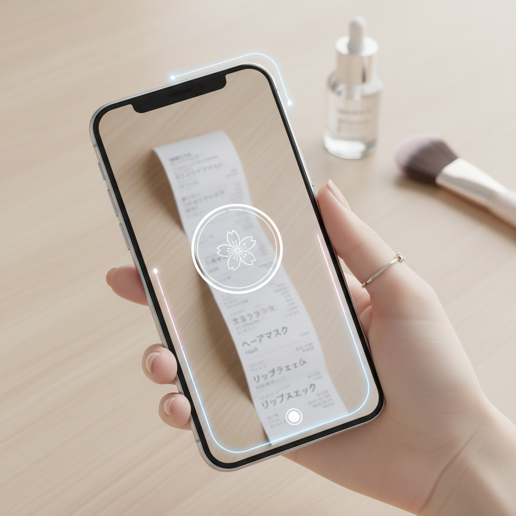 スマートフォンでレシート買取アプリを使用し、美容費を節約する様子。アプリ画面にはレシートが映り、ポイント獲得の表示がある。