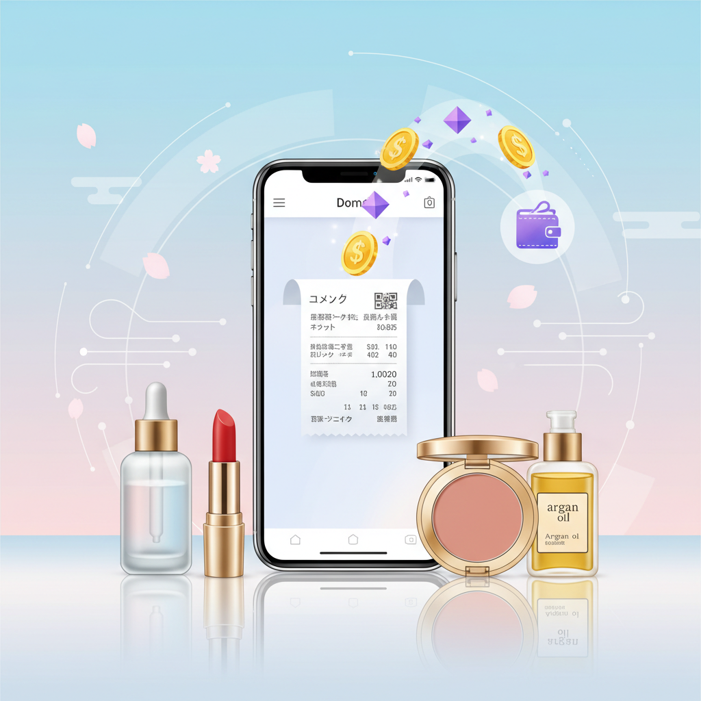 スマートフォンでレシートをスキャンし、美容品購入費用を節約するイメージ