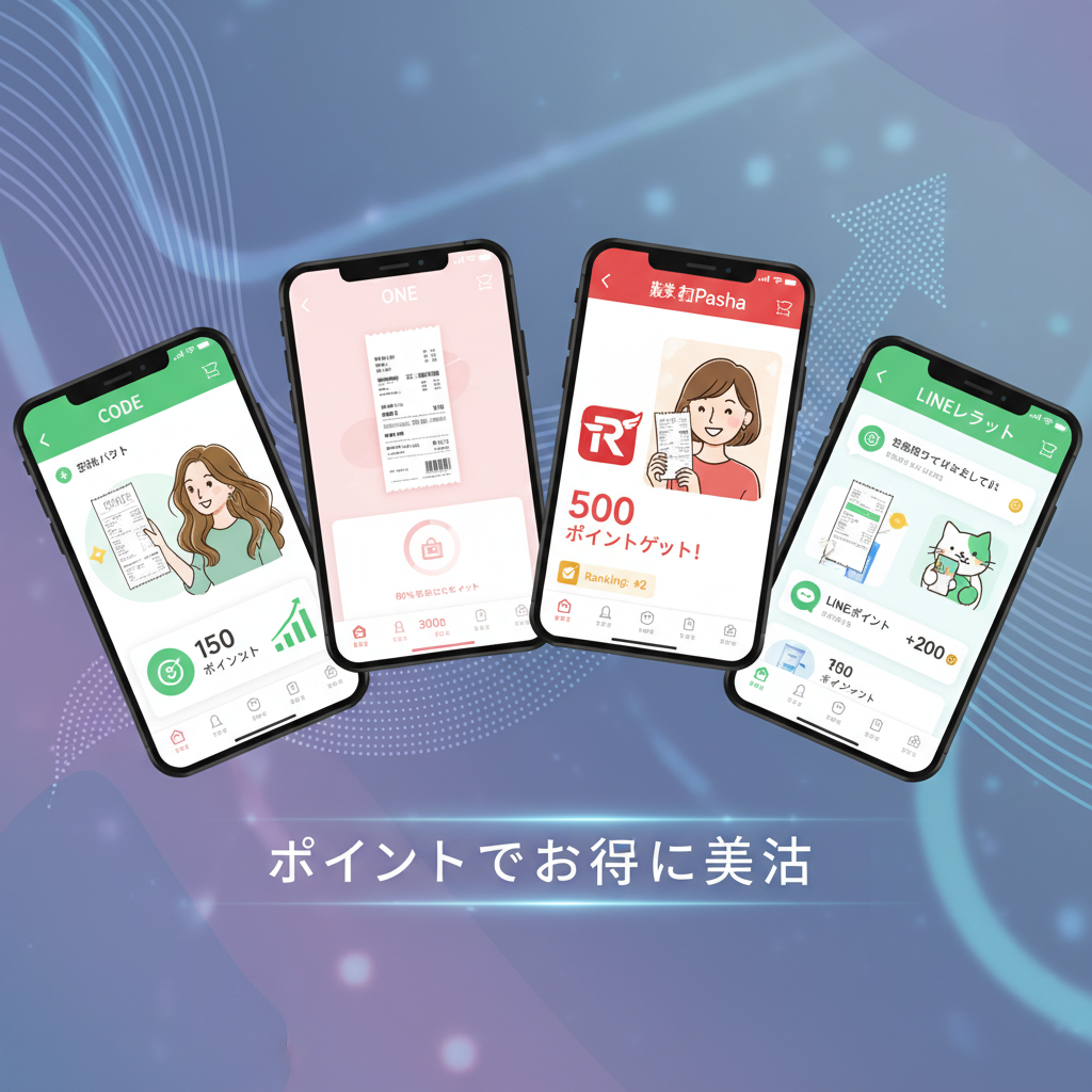 複数のレシートポイ活アプリのアイコンや画面が並び、比較されているイメージ、2026年版おすすめアプリランキング