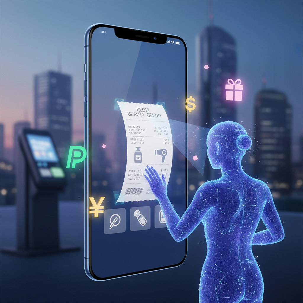 AIがレシートをスキャンし、ポイントや現金を獲得するスマートフォンのイラスト