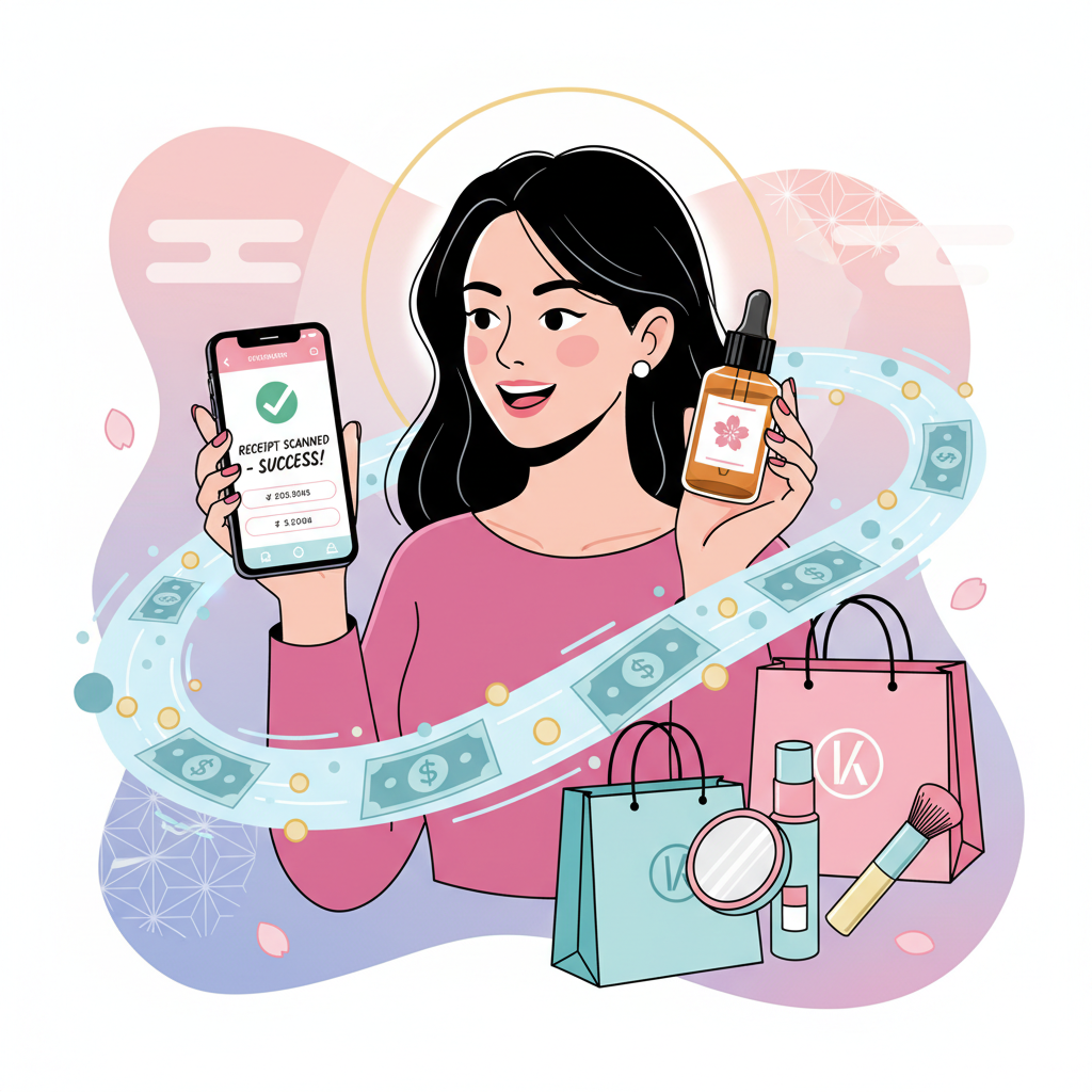レシートスキャンで得たお金で美容品を購入し、賢く美容費を節約する女性のイラスト