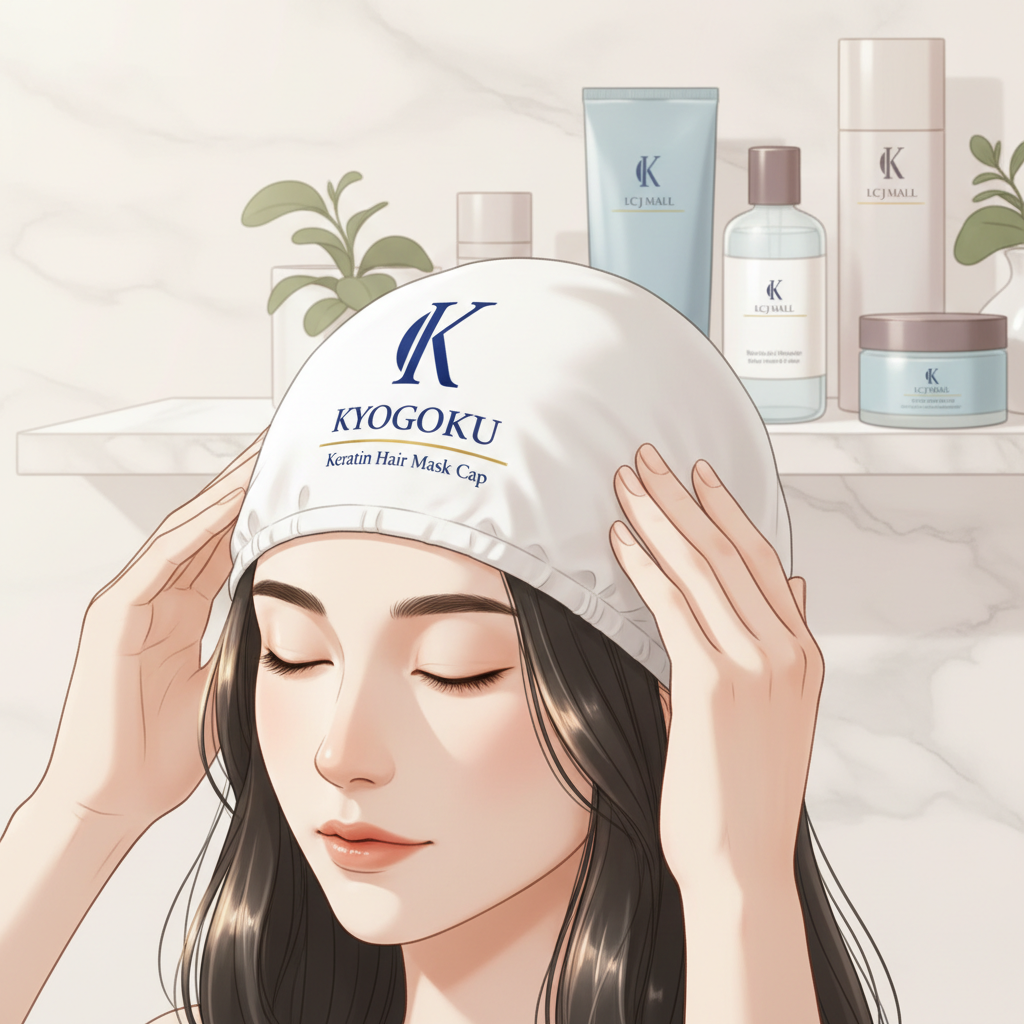 KYOGOKUケラチンヘアマスクキャップを使用し、髪に潤いを与える女性のクローズアップ