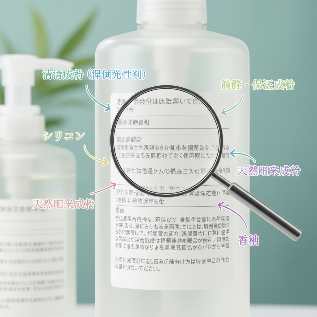 シャンプーの成分表示を拡大鏡で確認する様子、主要成分をハイライト