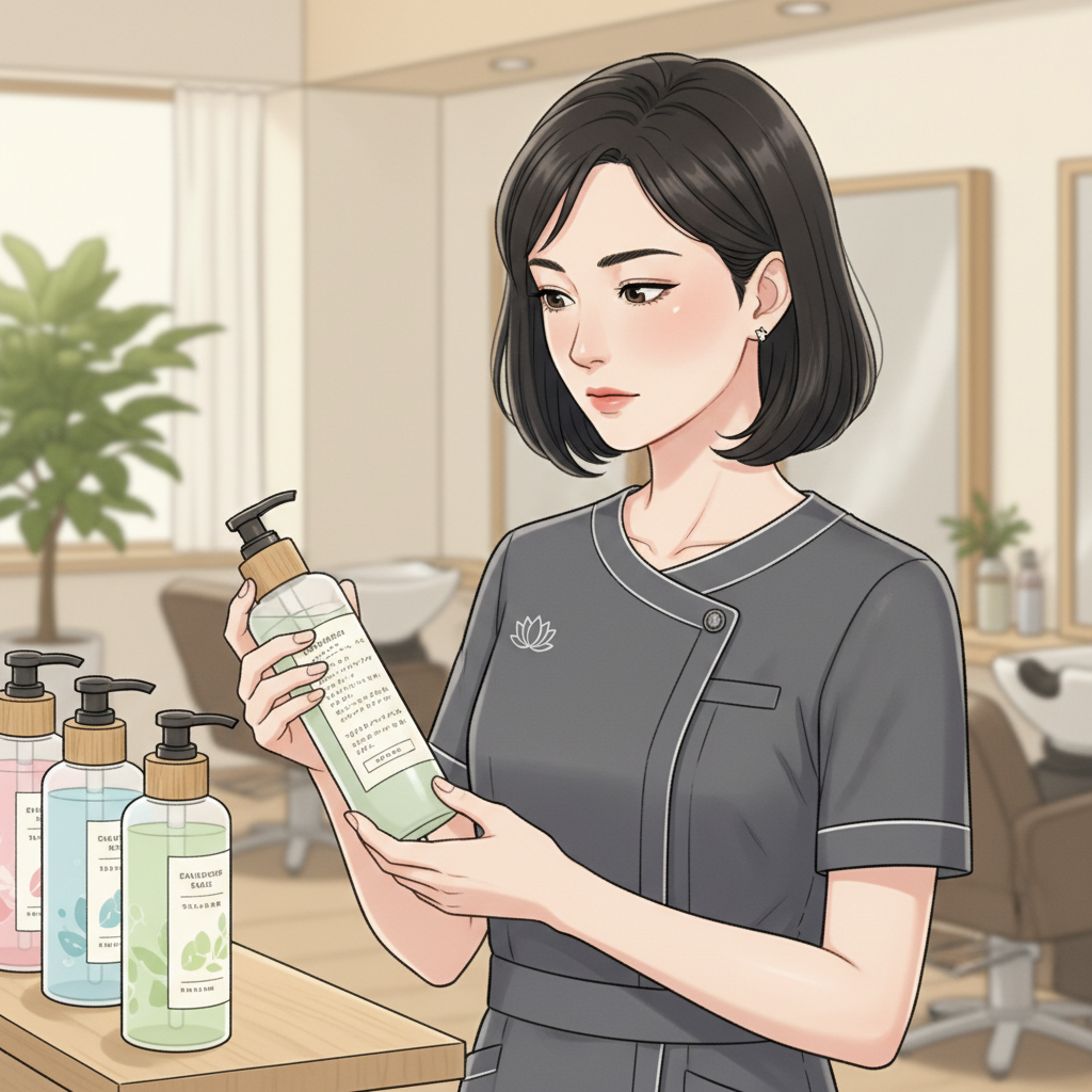 美容師がシャンプーとトリートメントの成分を真剣に確認している様子