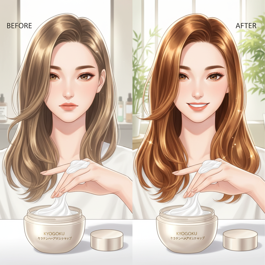 ヘアケア商品KYOGOKUケラチンヘアマスクキャップを使用した髪のビフォーアフター