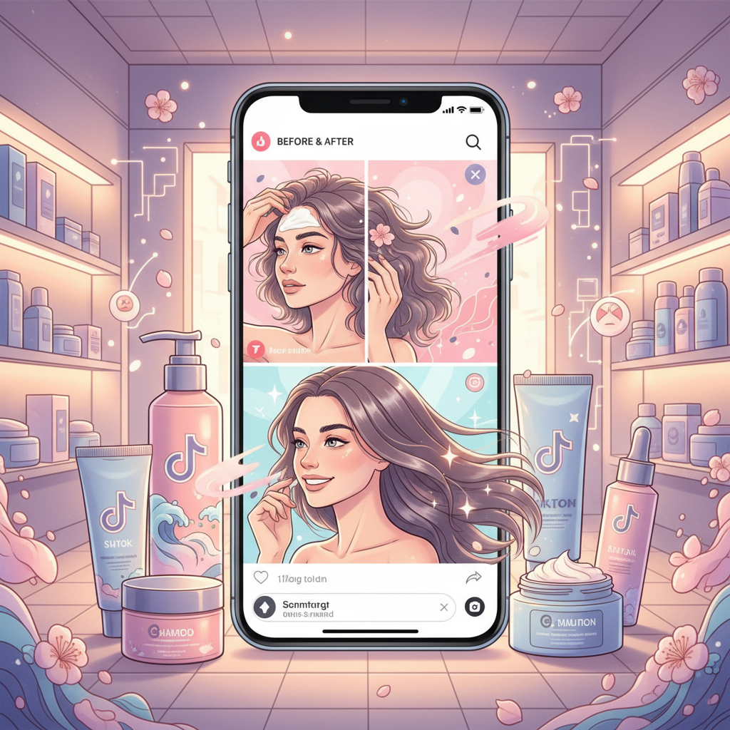 TikTokアフィリエイトで美容商品を販売する女性のスマホ画面と美容製品