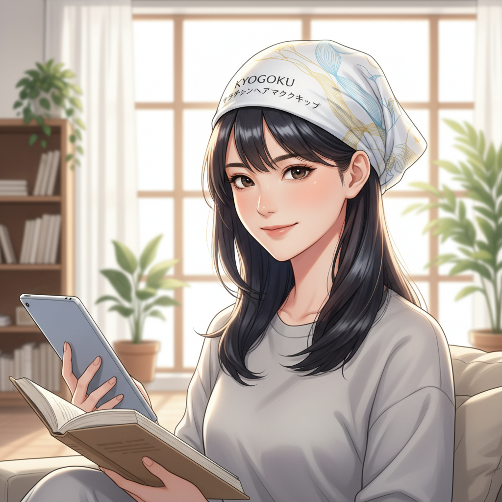 KYOGOKU ケラチンヘアマスクキャップを着用し、リラックスしながらヘアケアを行う女性。ながら美容のコンセプトと、ヘアマスクによる髪のツヤ感を強調。