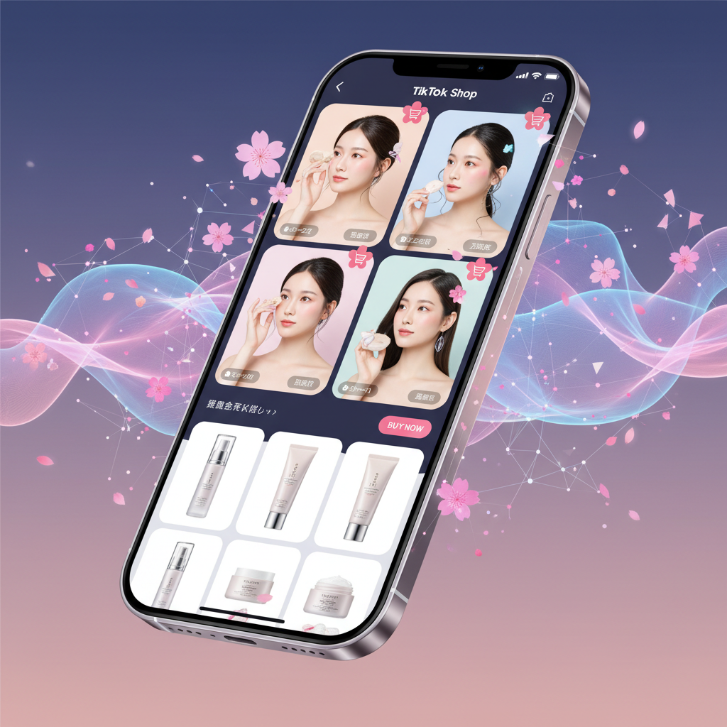 TikTokショップのインターフェースと美容製品の短尺動画が表示されたスマートフォン。ソーシャルコマースとアフィリエイトマーケティングのつながりを表現。