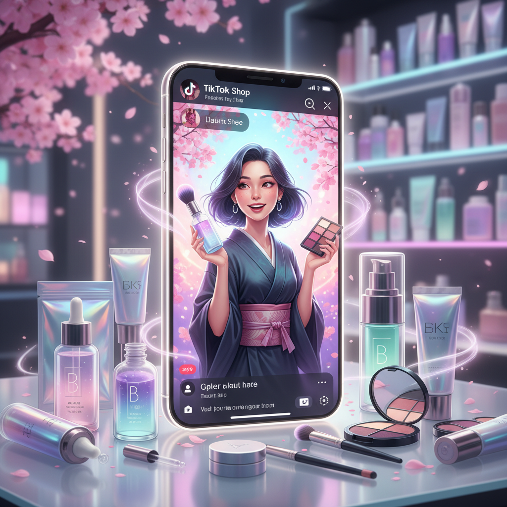 TikTok Shopのライブコマースで美容アイテムを実演するインフルエンサー