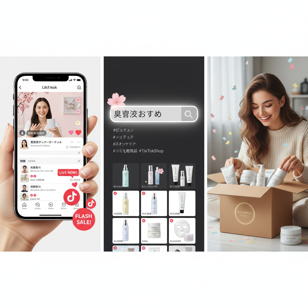 TikTok Shopでの賢い購入方法を示すイラスト：ライブ通知、キーワード検索、安心な商品受け取り