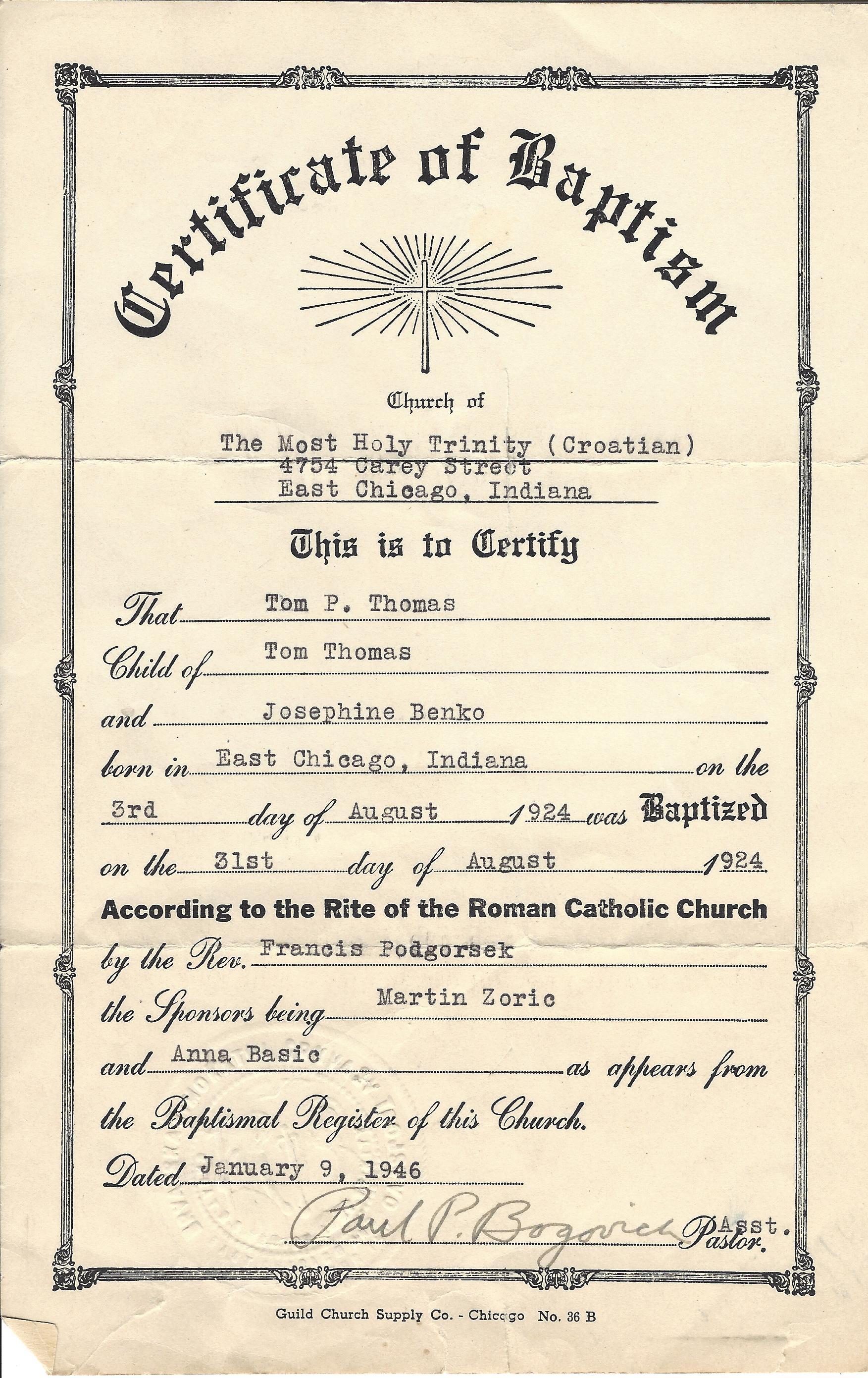 Tommy Sr and Josephine Benko Baptised