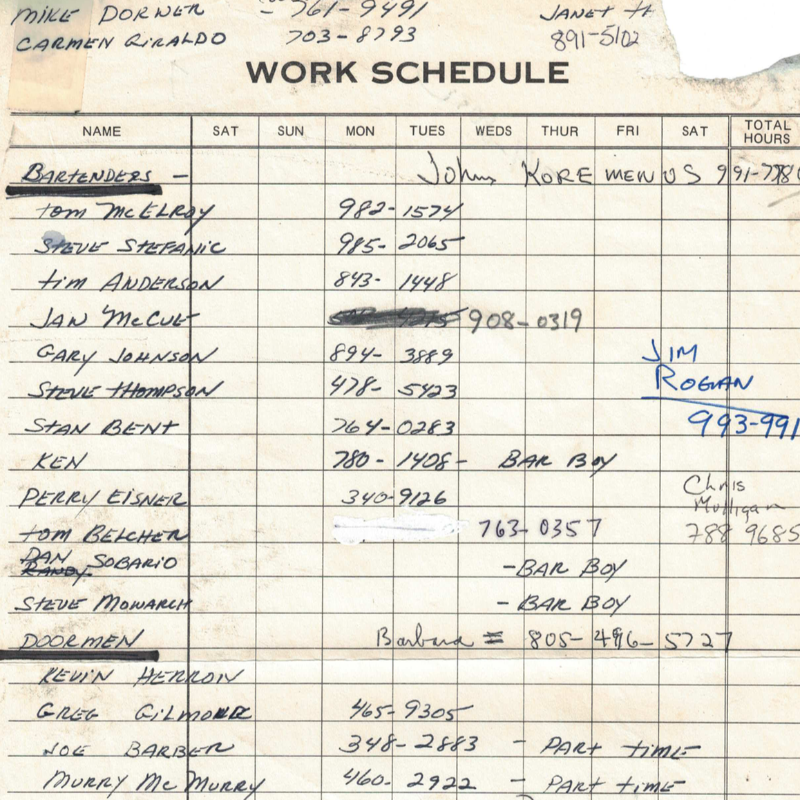 Palomino Work Schedule