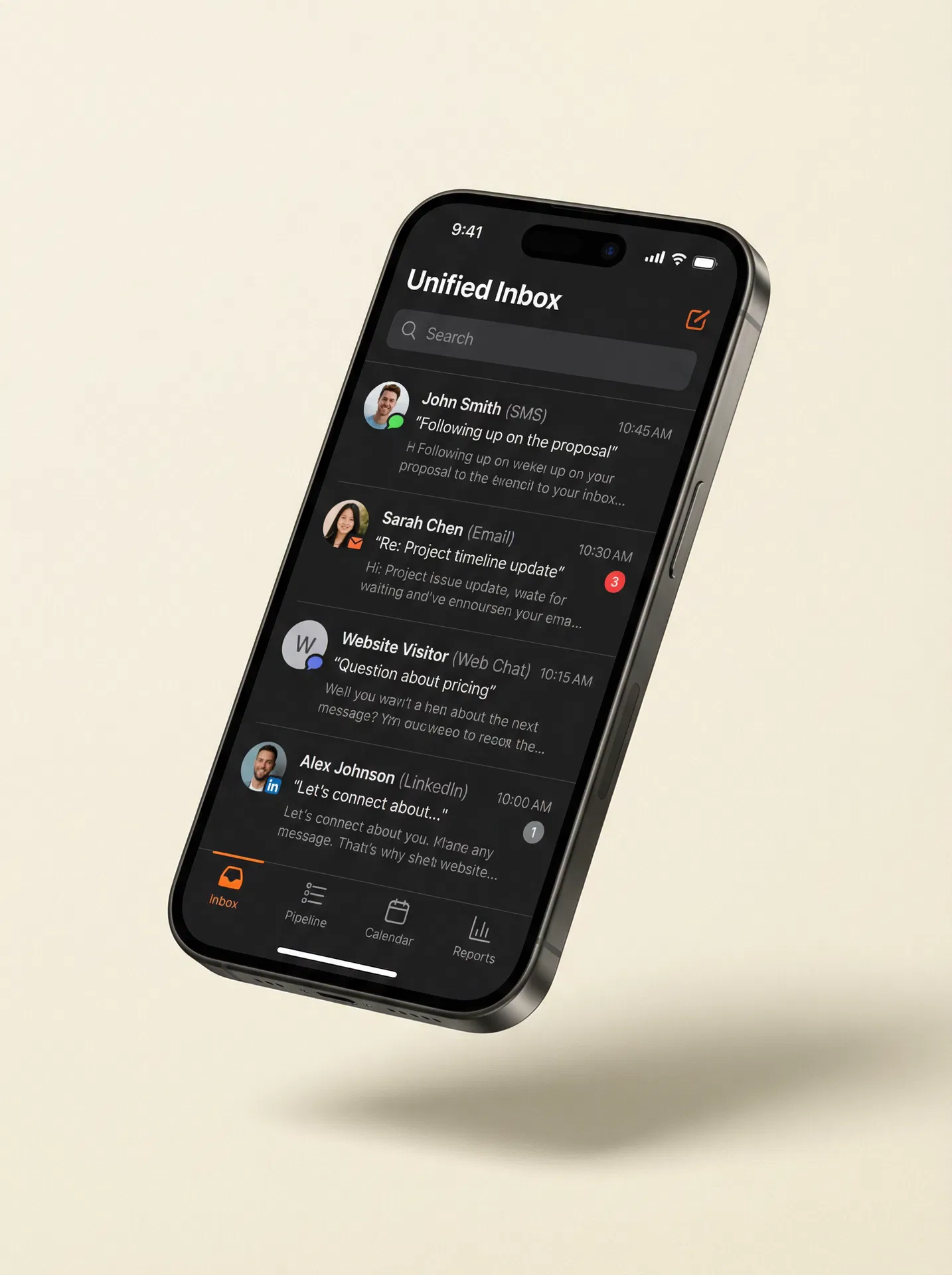 Omni Mobile App showing unified inbox with SMS, email, web chat, and social messages