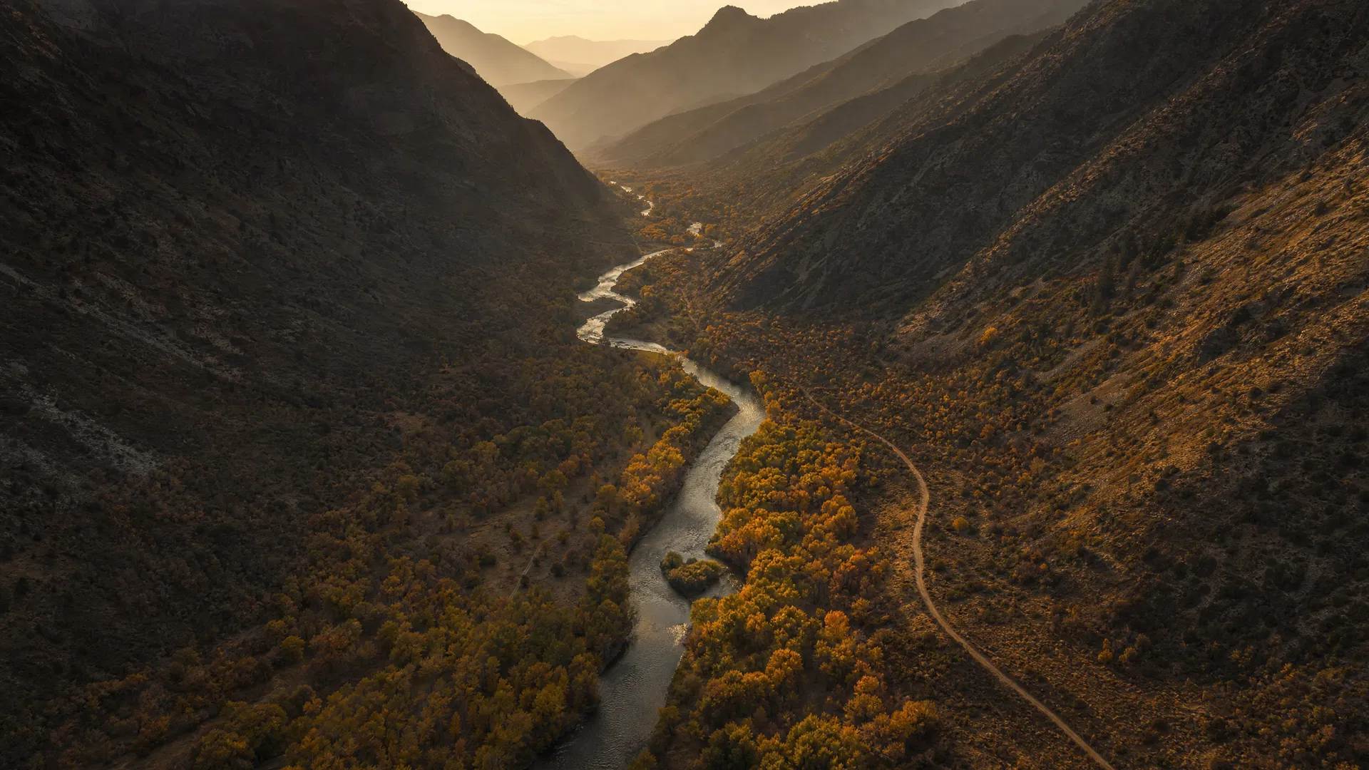 Aerial drone photograph looking down Provo Canyon at golden hour with the river winding below