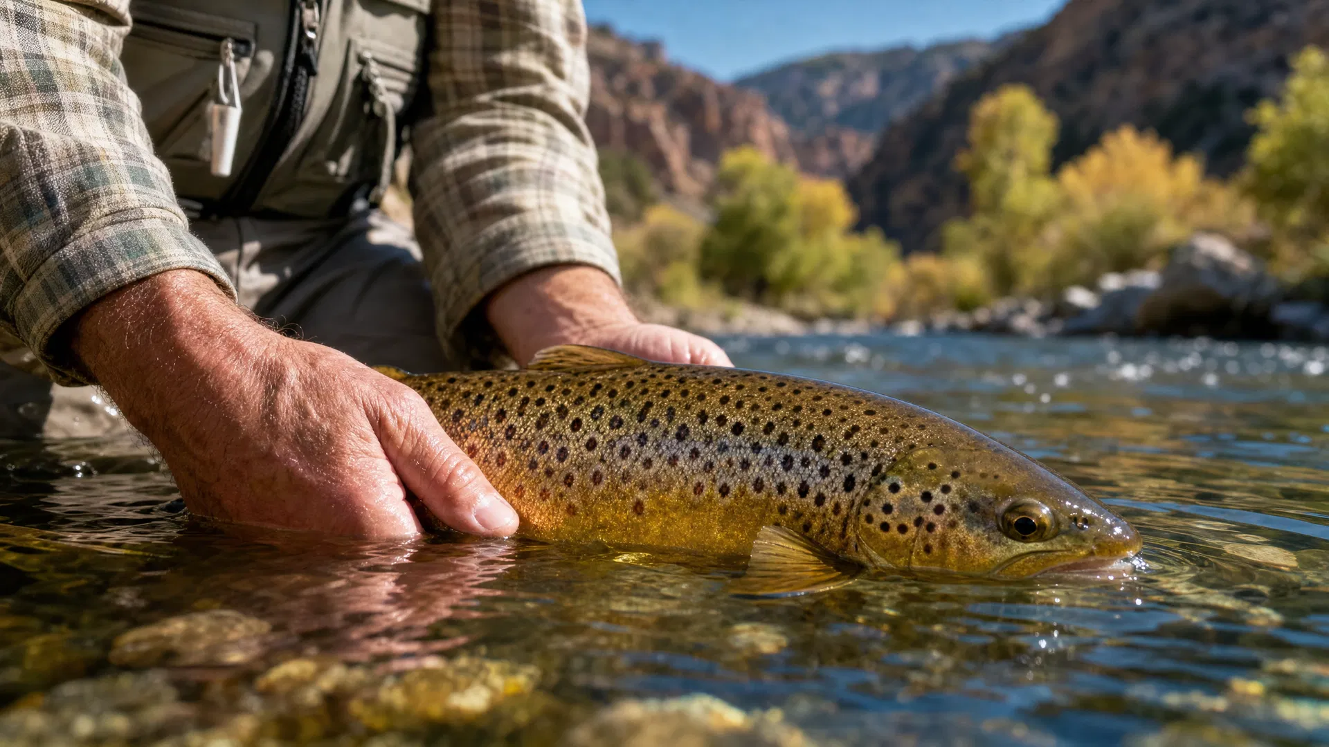 Fly fisherman releasing a large brown trout back into the crystal-clear Provo River