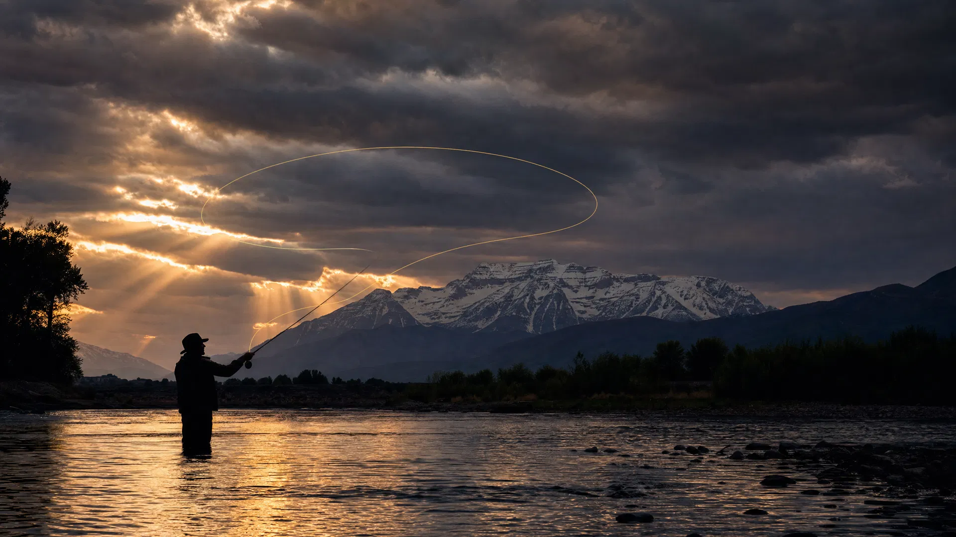 Fly fisherman mid-cast on the Provo River with a perfect S-curve fly line against a dramatic stormy sky