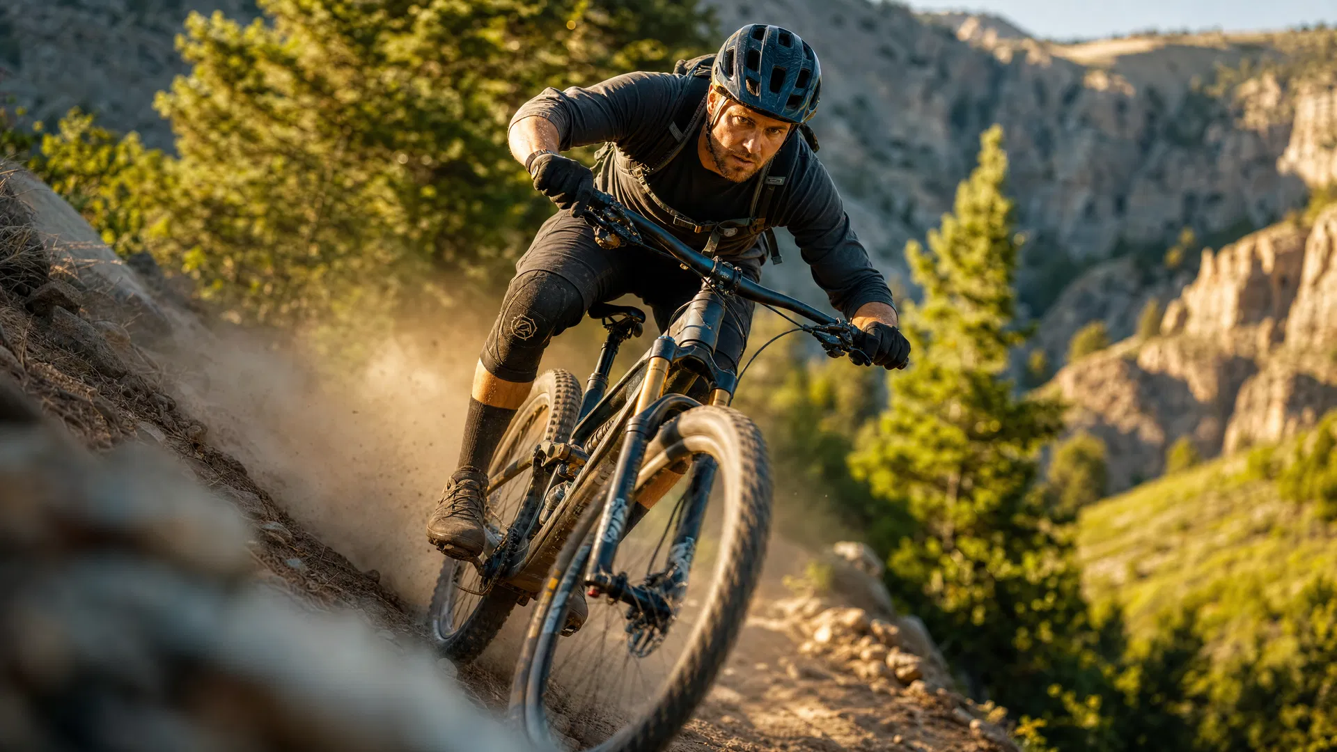 Mountain biker descending a rugged singletrack trail through Provo Canyon at golden hour