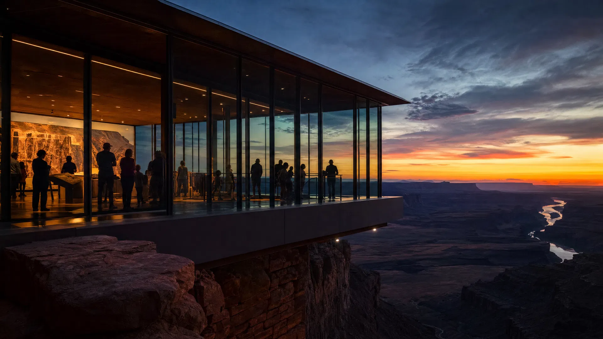 Modern glass and steel adventure center observation deck overlooking a dramatic Utah canyon at sunset