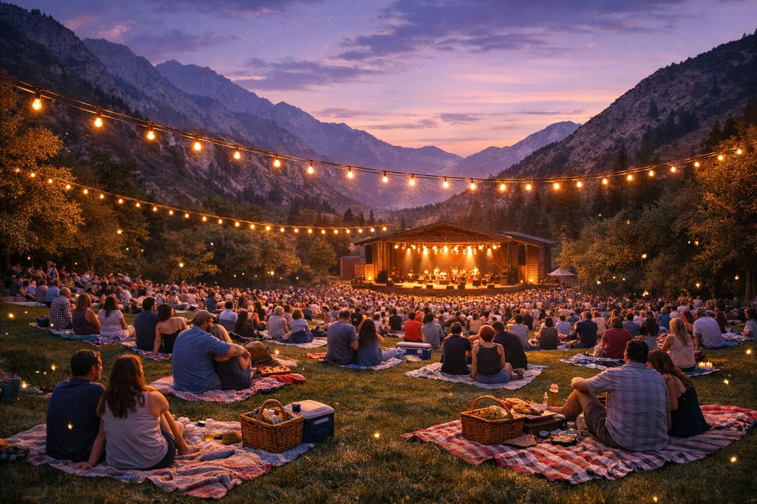 Outdoor summer concert series at dusk in a Utah canyon with families on blankets and string lights overhead