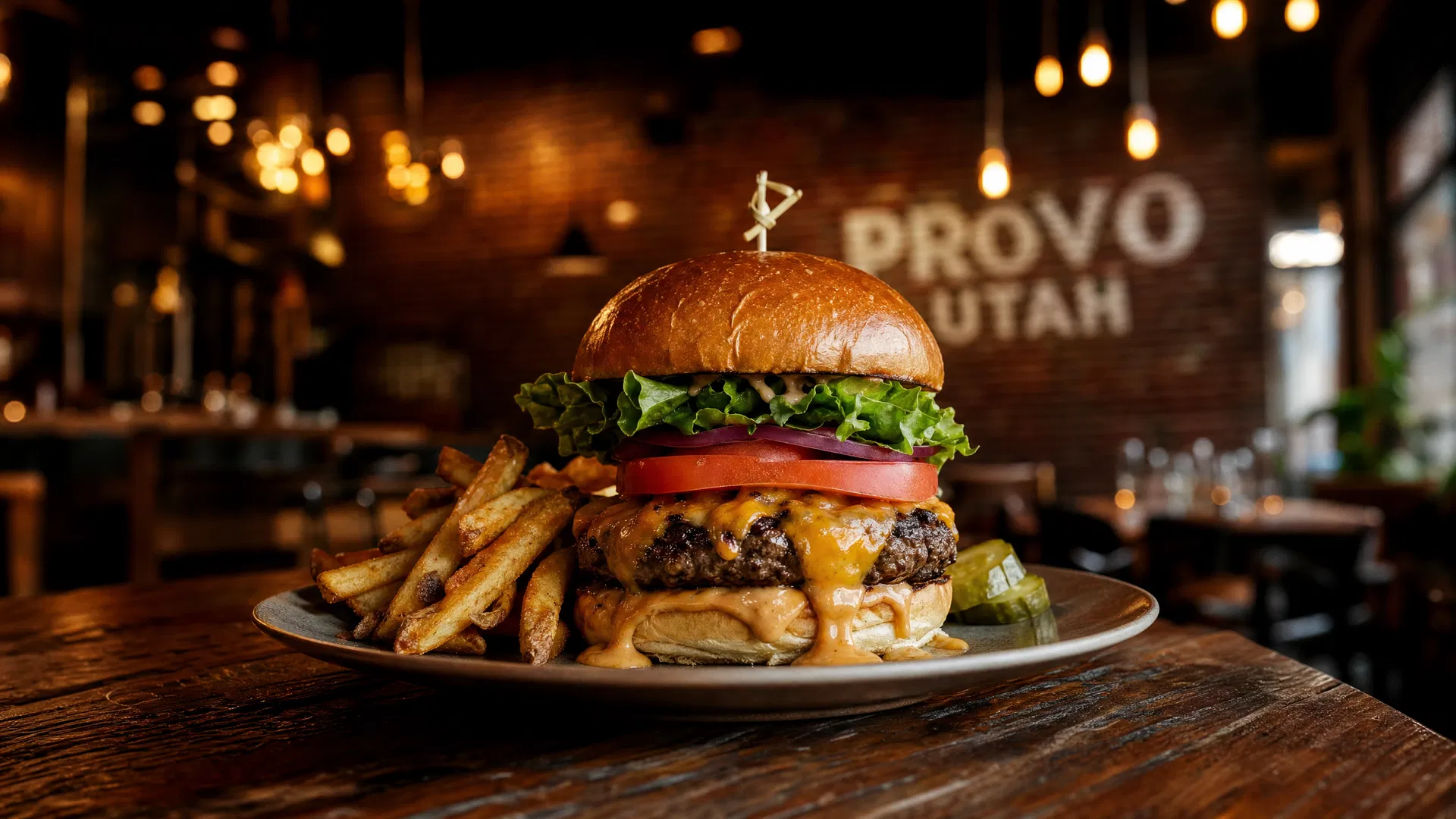 Gourmet burger at a modern Provo Utah restaurant with exposed brick walls and Edison bulb lighting