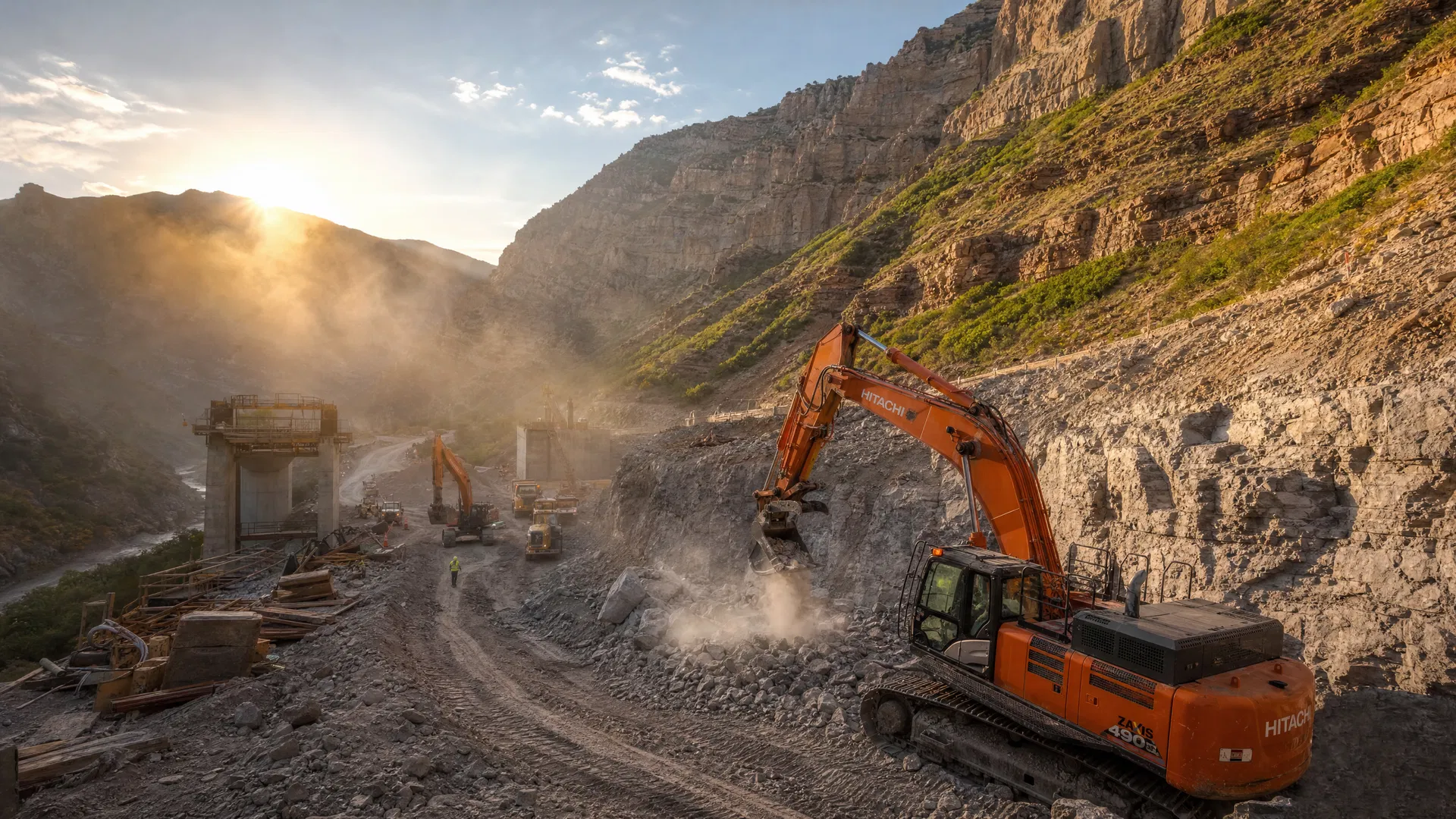 Heavy machinery working on a massive canyon development project at sunrise with canyon walls towering above