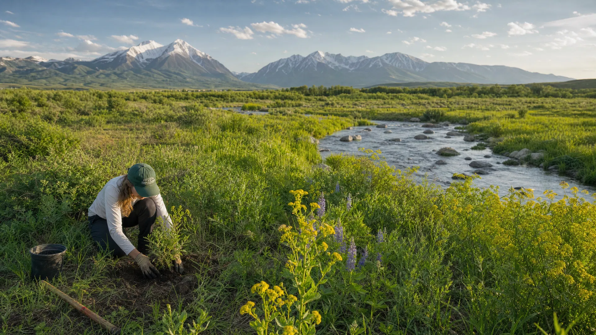 Restored Utah wetland and meadow ecosystem with native wildflowers, a mountain stream, and snow-capped peaks