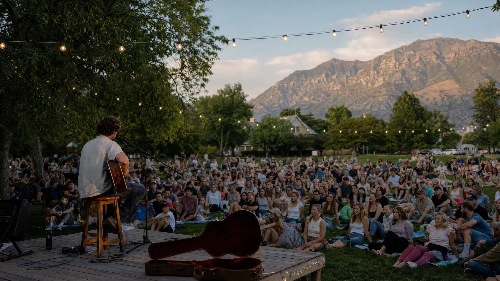 Intimate outdoor music performance in a Provo Utah park with a solo guitarist and crowd on the grass under string lights