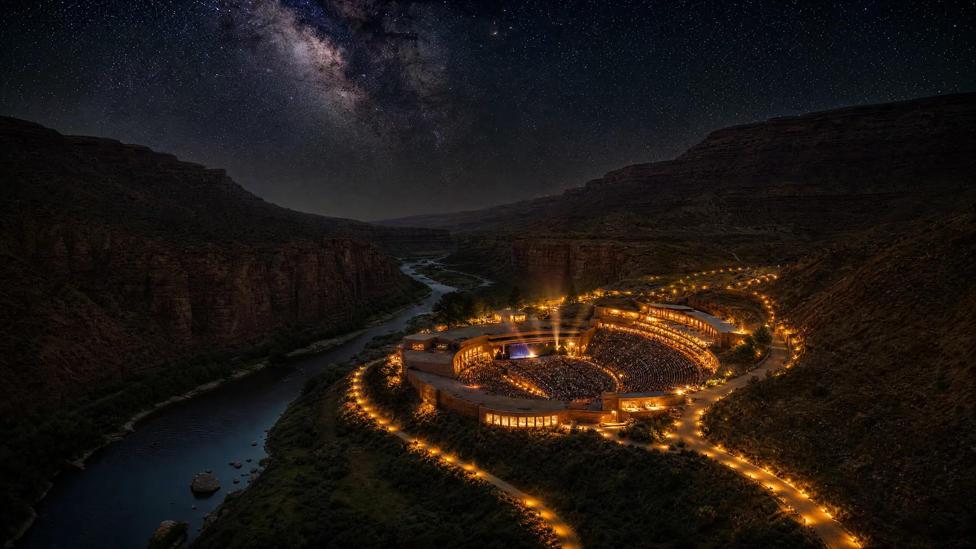 Cinematic aerial photograph of an outdoor amphitheater at night glowing warmly under a star-filled Utah sky