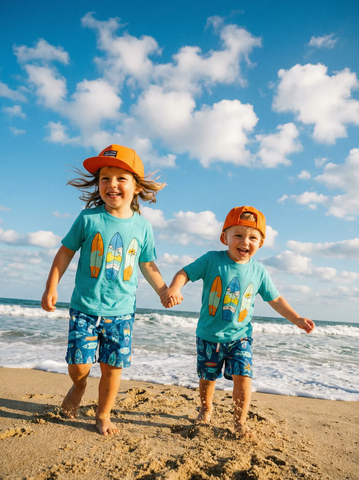Two brothers running on the beach in matching outfits