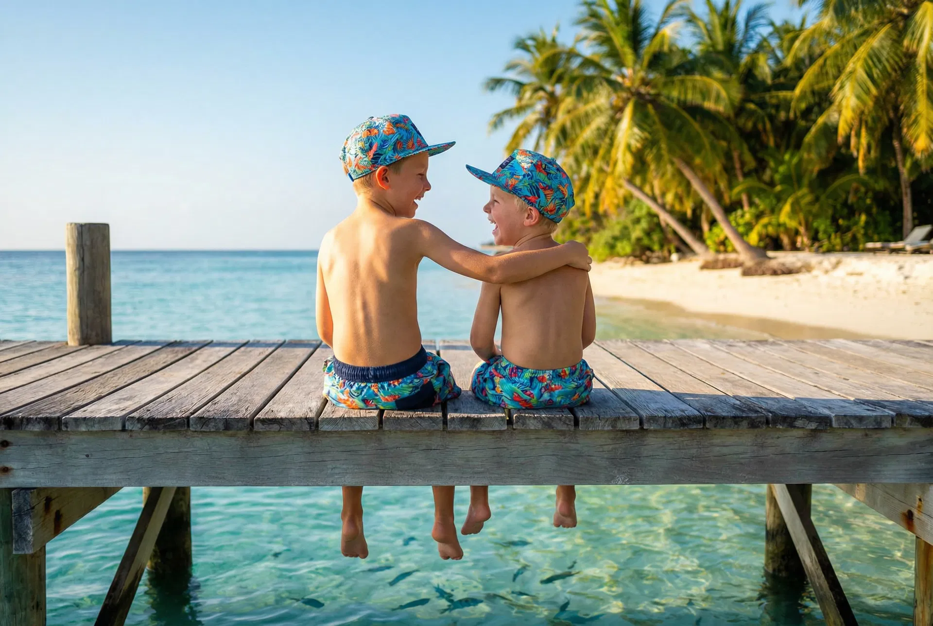 Two brothers sitting on tropical dock in matching hats