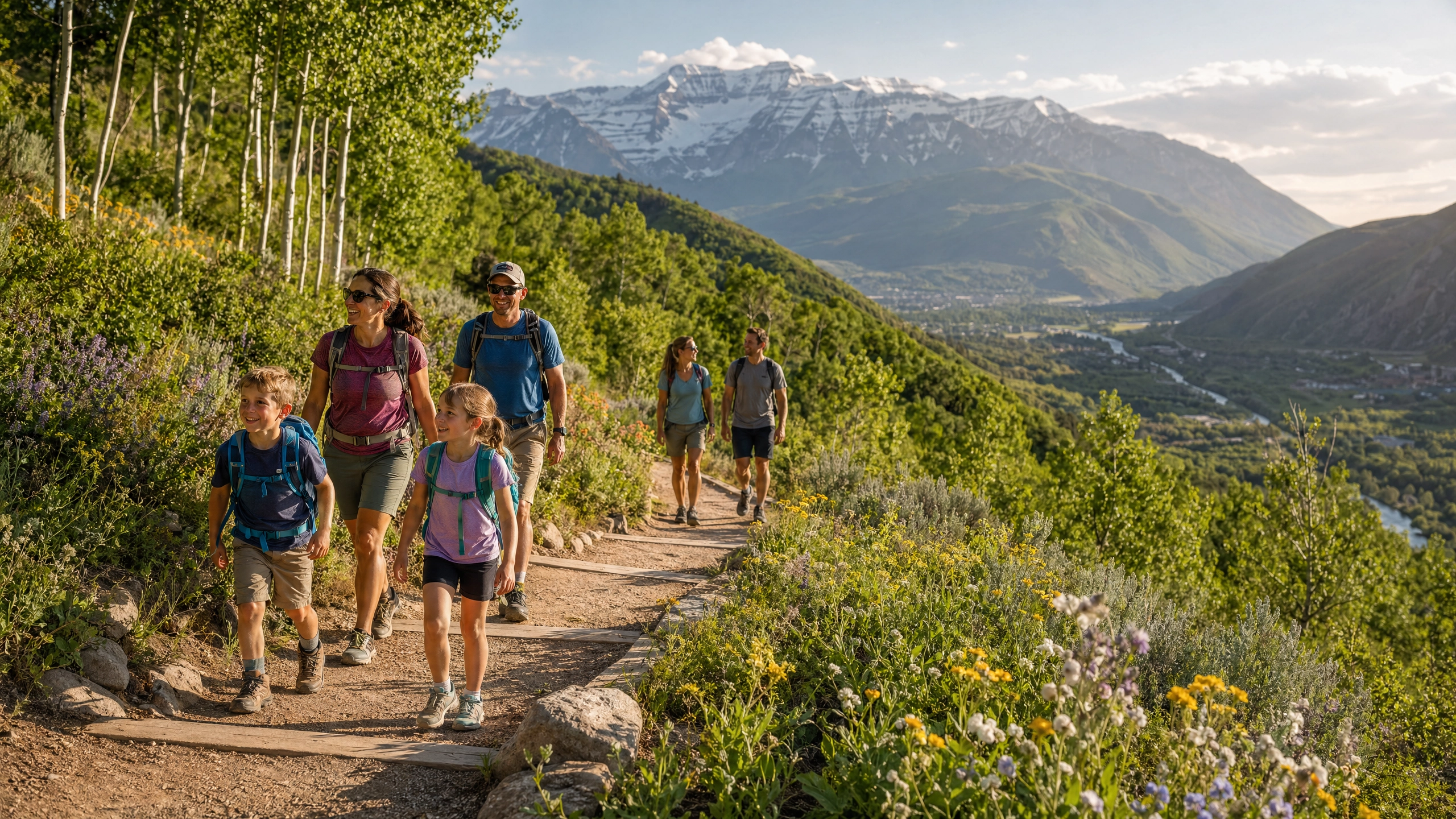 Families hiking on Vesper trails with Mount Timpanogos in the background