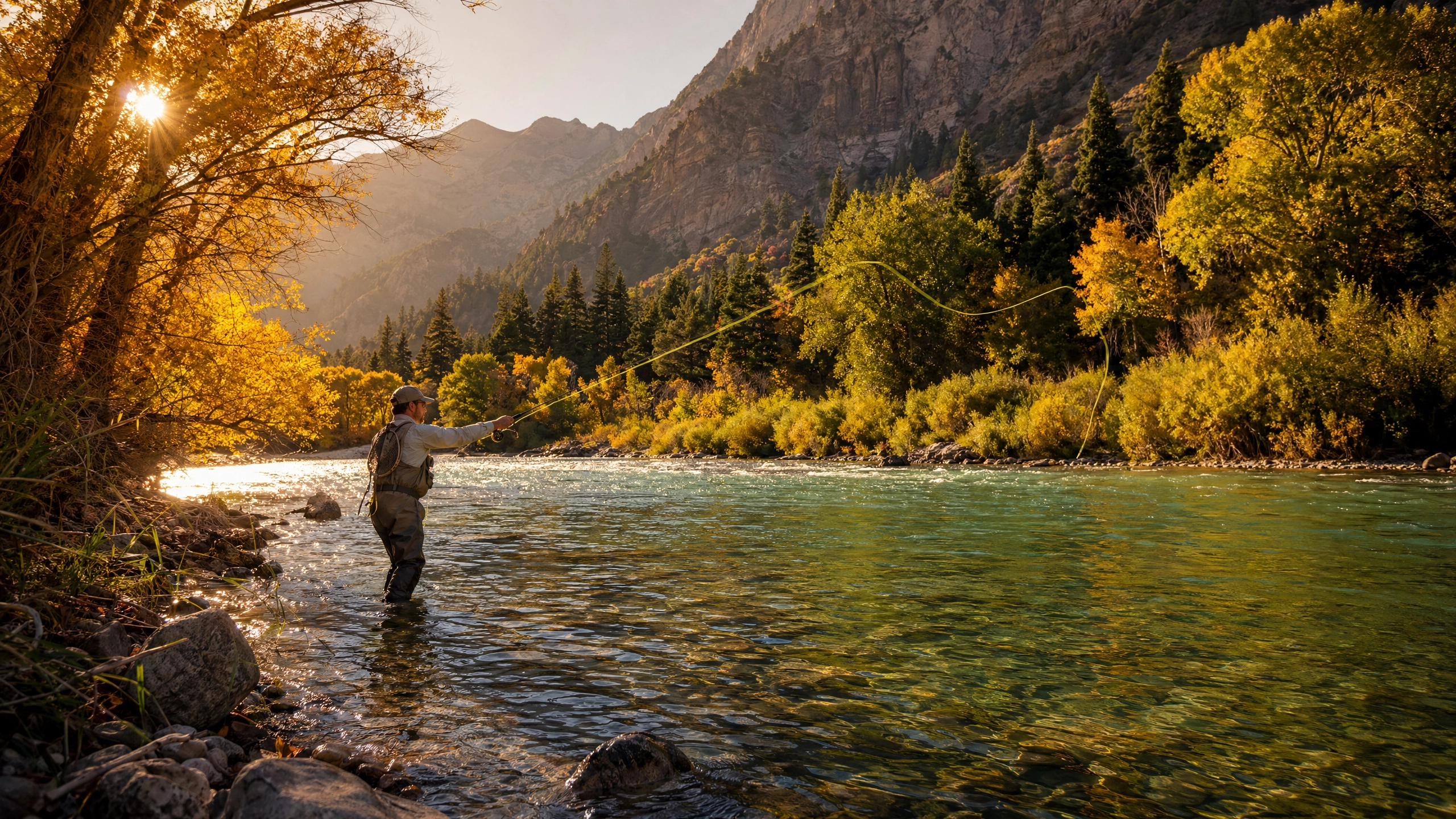 Fly fisherman casting on the Provo River at golden hour, surrounded by autumn foliage and canyon walls