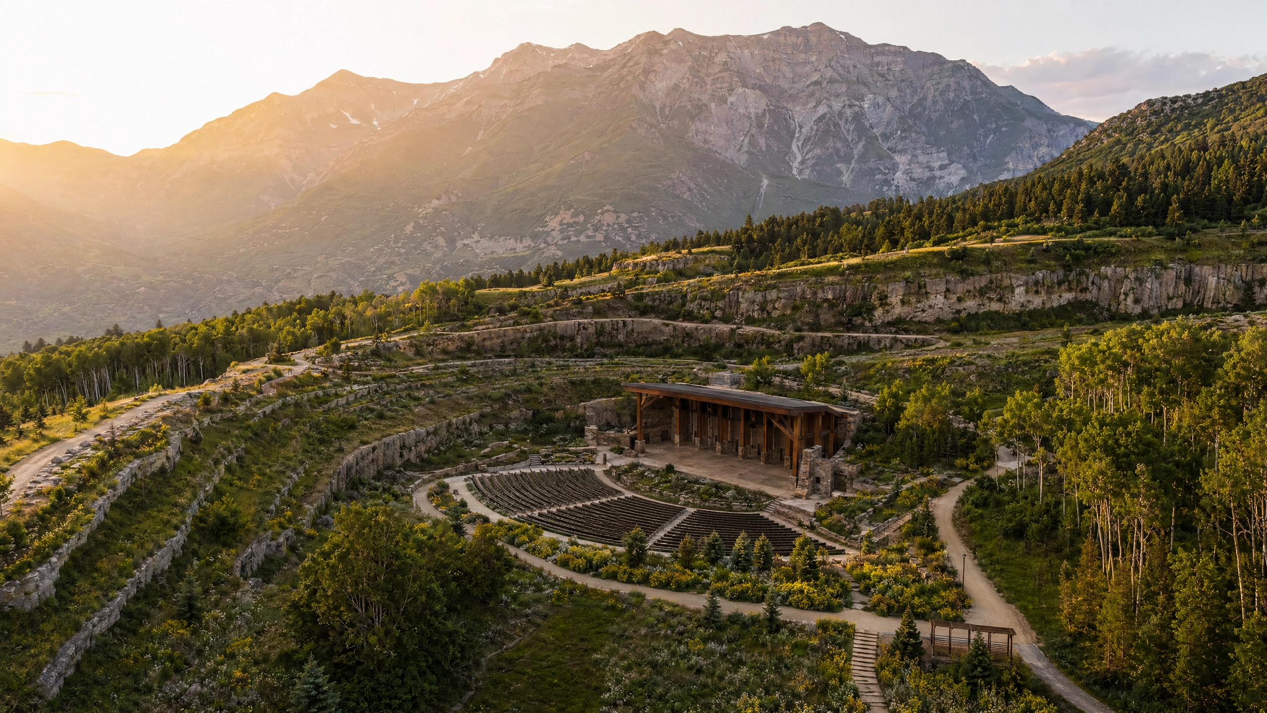 Vesper Amphitheater — restored quarry site with native vegetation, terraced landscape, and mountain backdrop