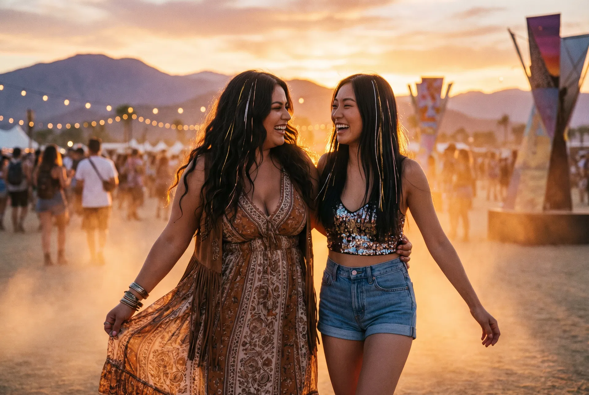 Two women at Coachella festival with delicate individual-strand hair tinsel catching golden hour light