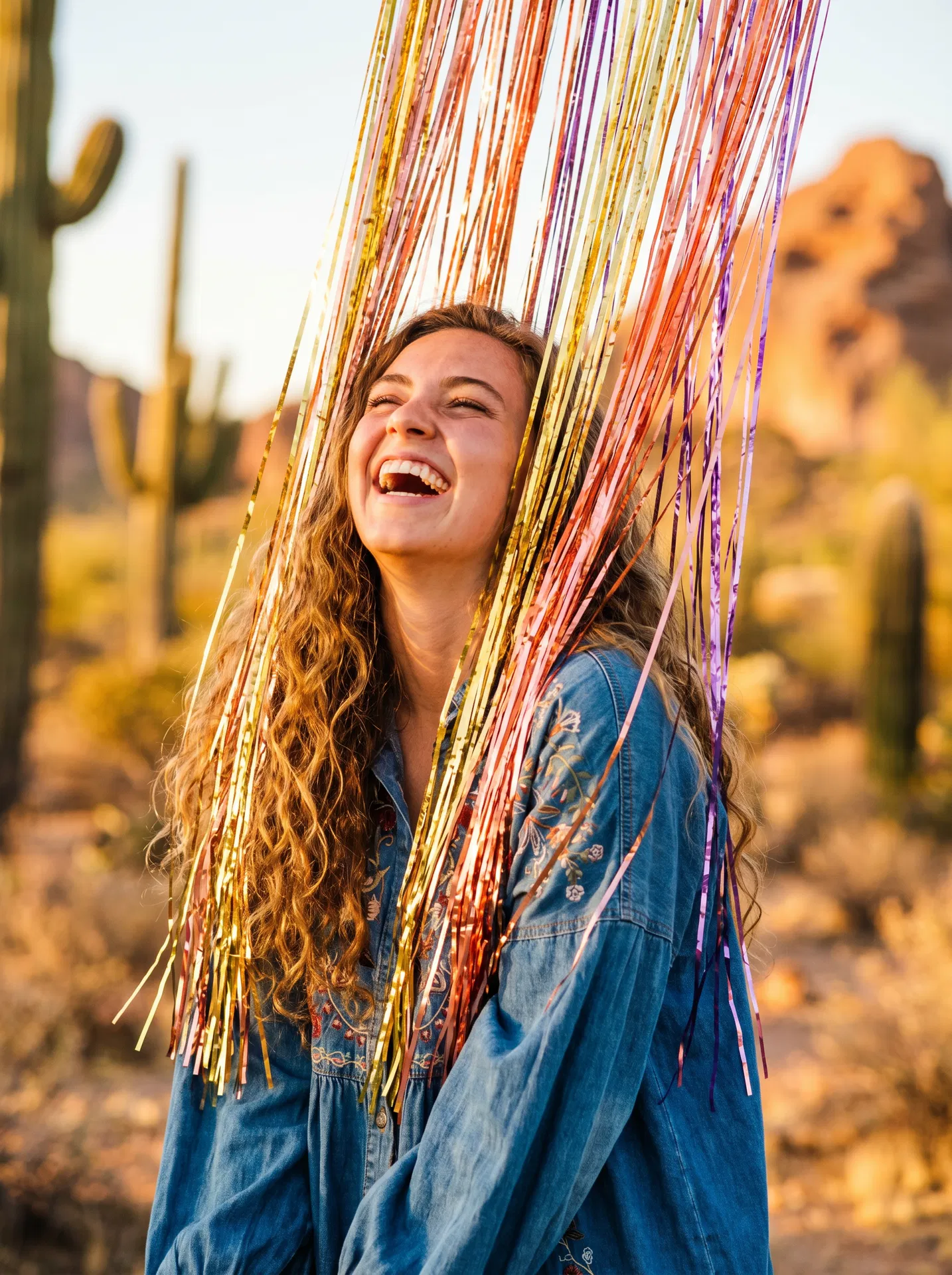 Woman laughing with colorful hair tinsel in Prescott Arizona