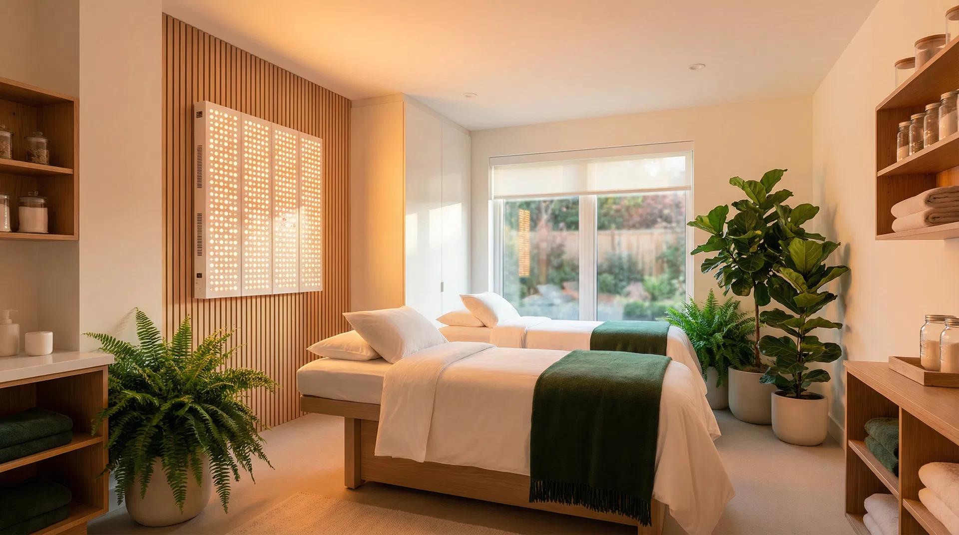 The Vibe Within wellness clinic treatment room with red light therapy panels in Prescott AZ