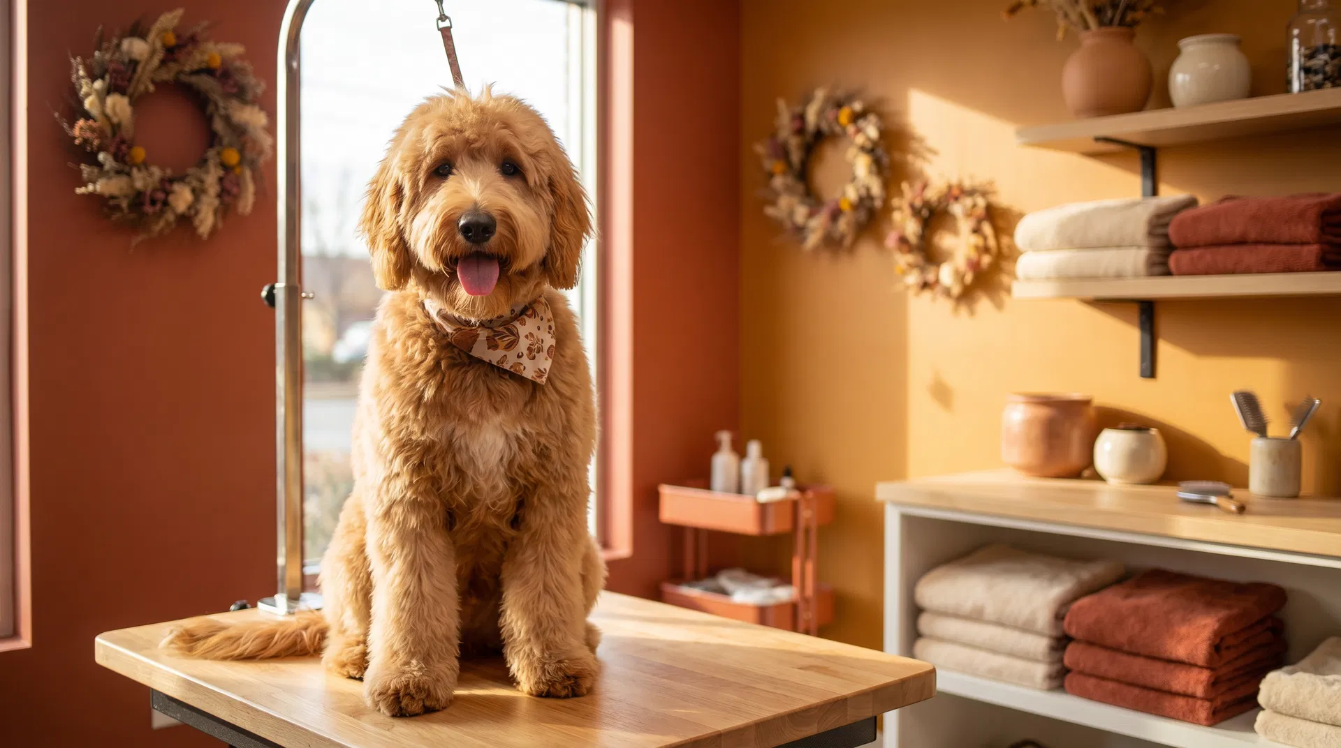 Happy golden doodle dog at Posh Pups Pet Grooming boutique salon in Prescott, AZ