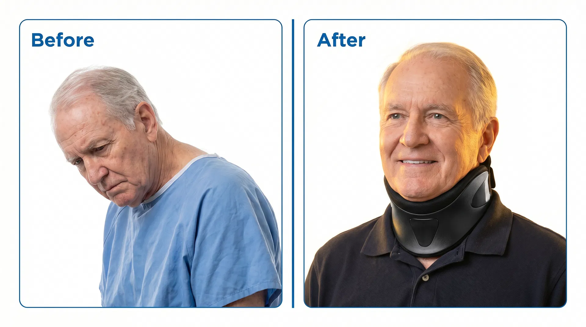 Before and after comparison: person with dropped head syndrome before wearing the brace versus standing upright and smiling after wearing the Optimal Neck Support Brace