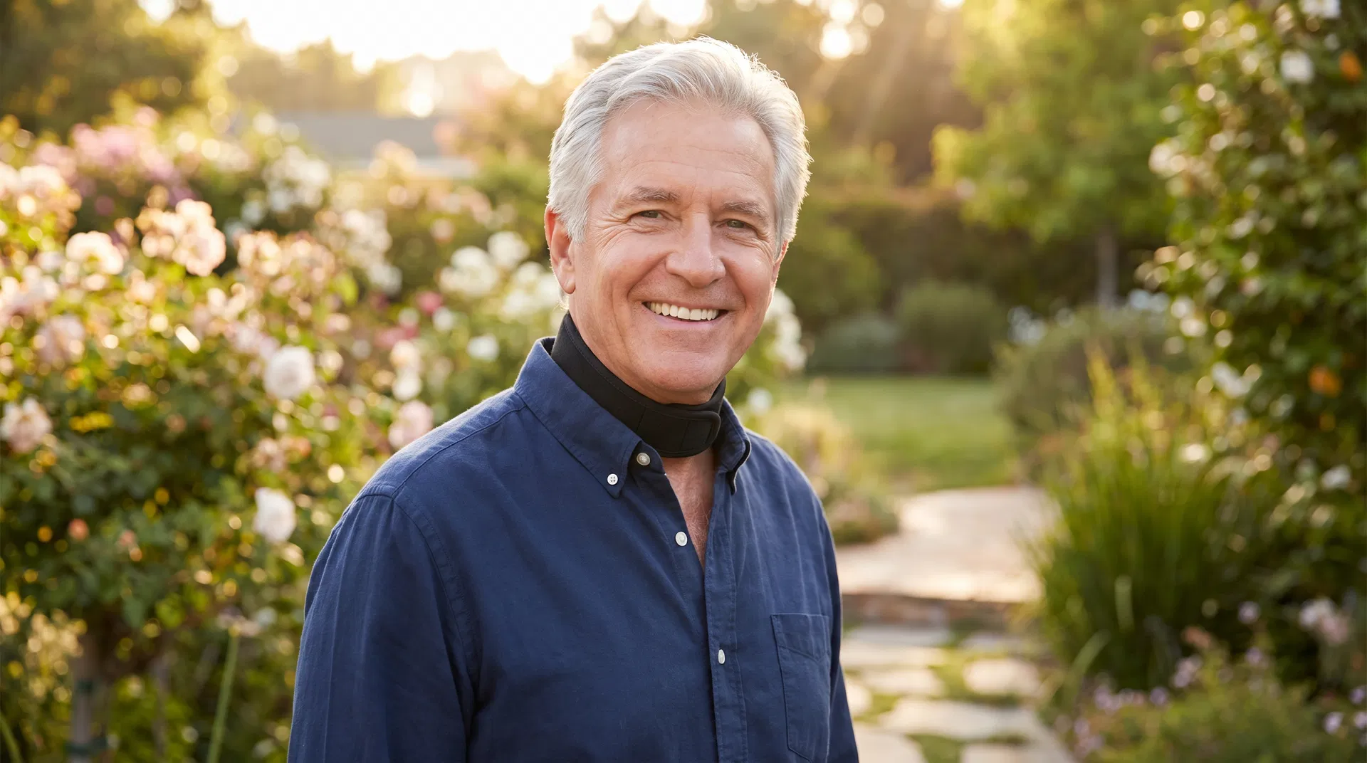 Man wearing the Optimal Neck Support Brace outdoors, smiling confidently with head held upright