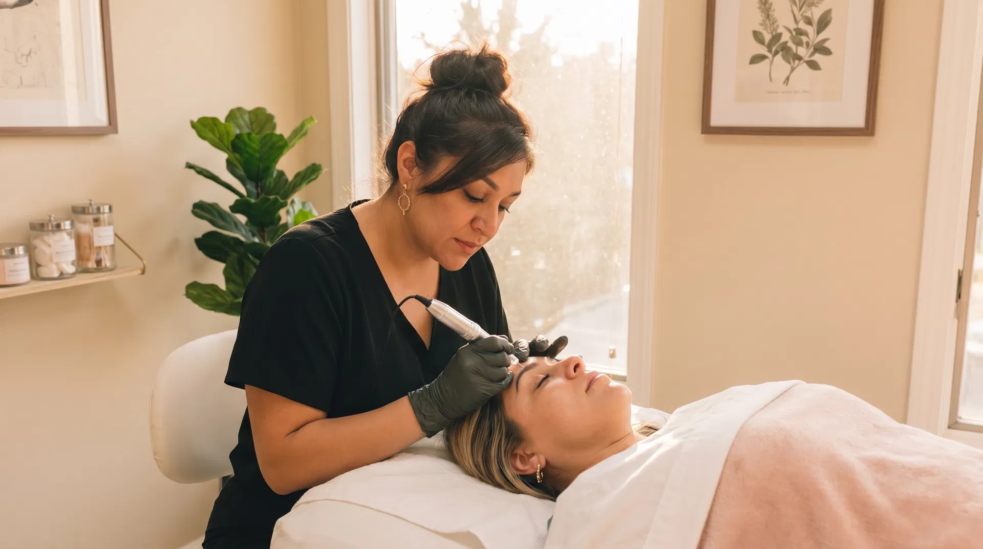 Cynthia Irwin, permanent makeup artist, applying nano brows to a client in Prescott, AZ