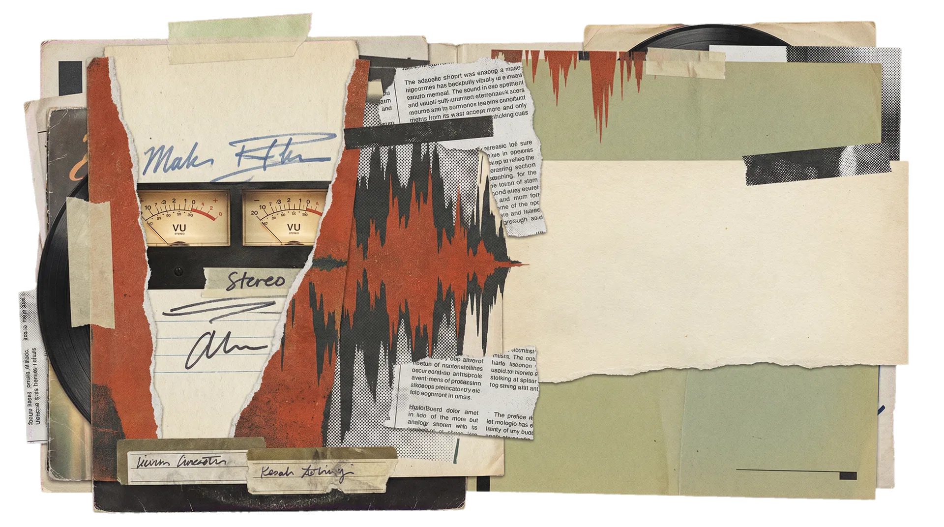 Editorial collage with layered music ephemera