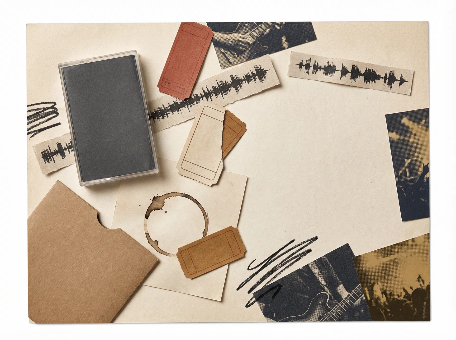 Desk collage with music magazines and handwritten notes