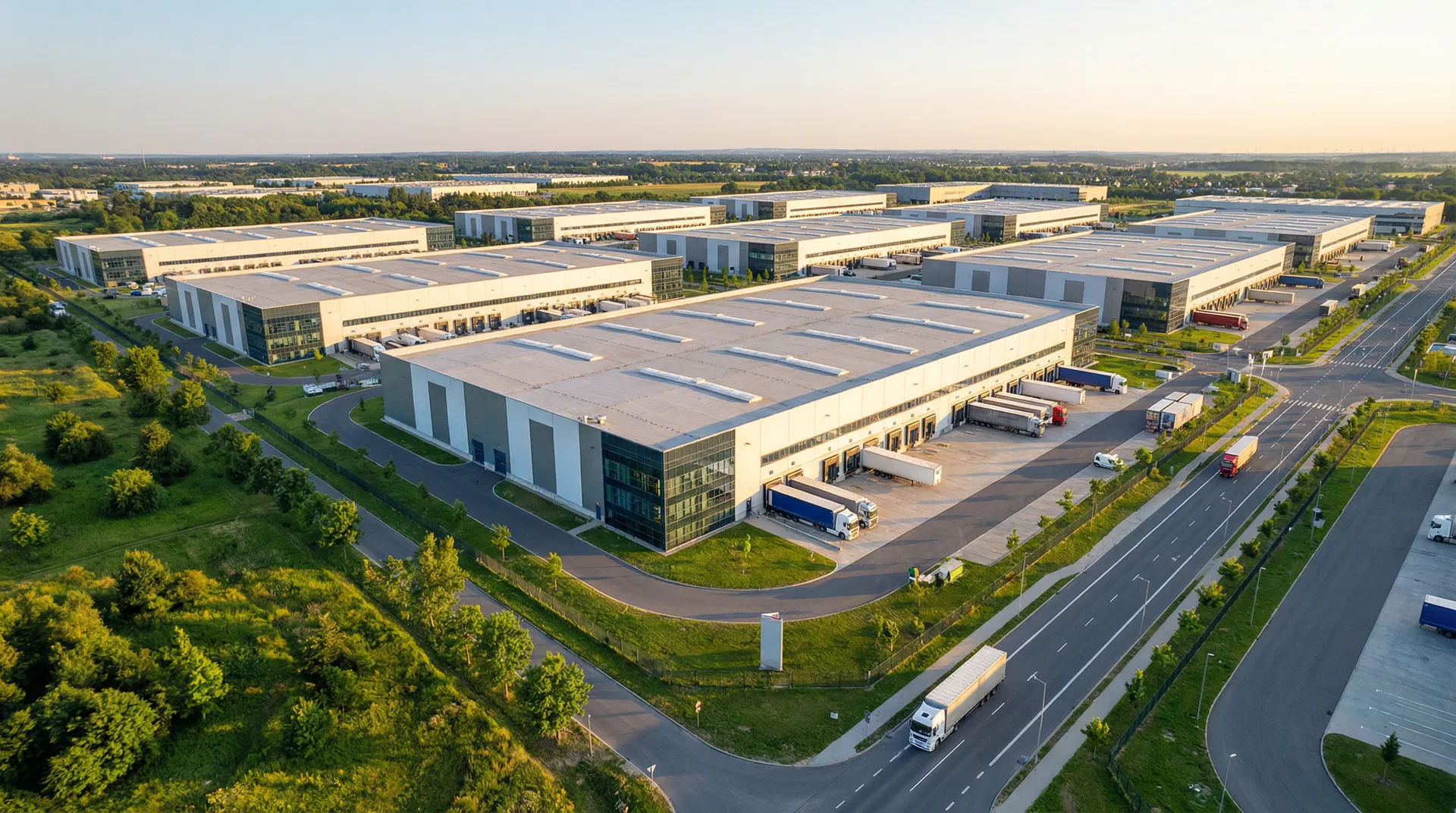 Modern industrial park with steel warehouses