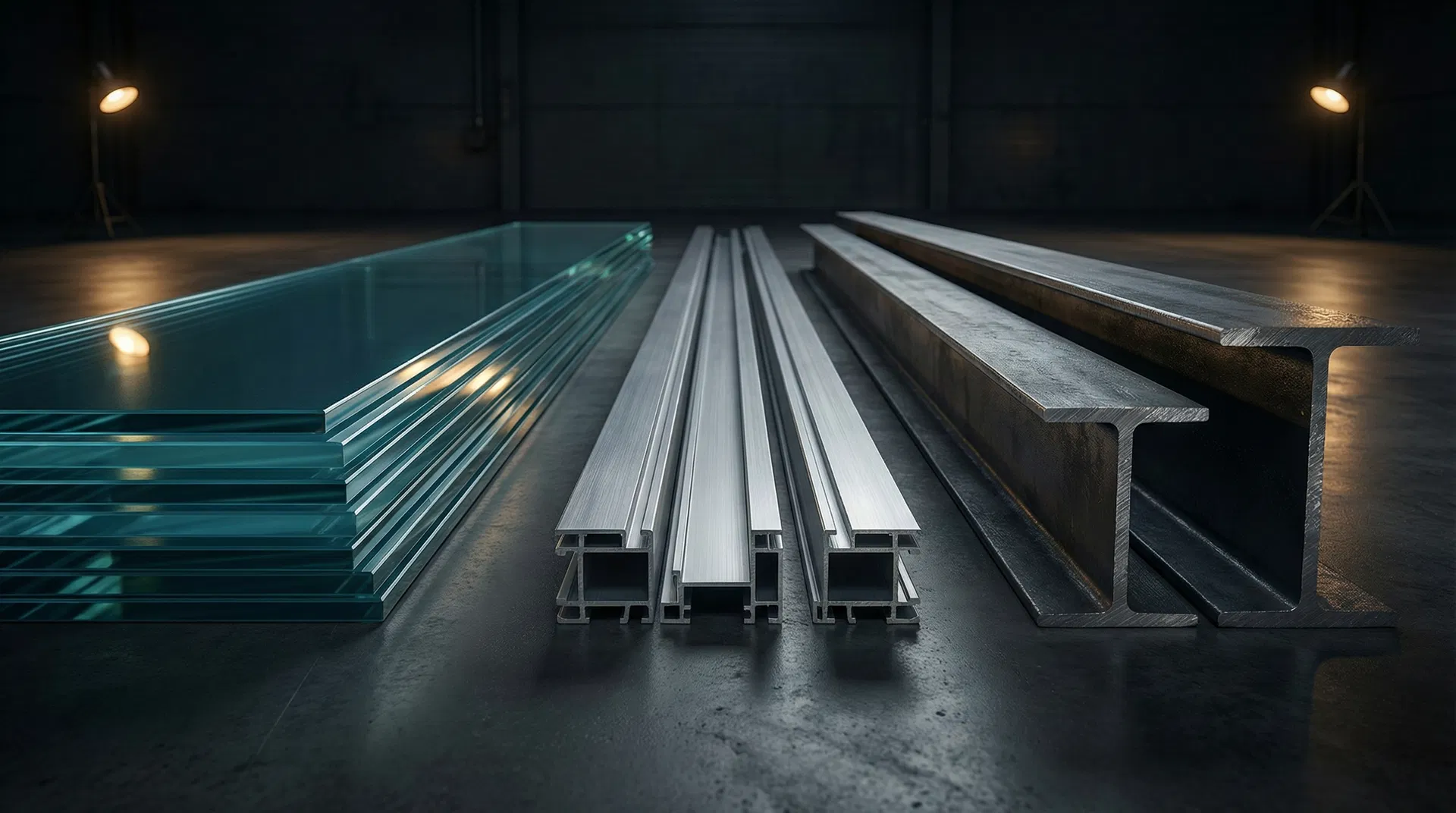 Three core raw materials: float glass sheets, aluminum profiles, and steel I-beam sections