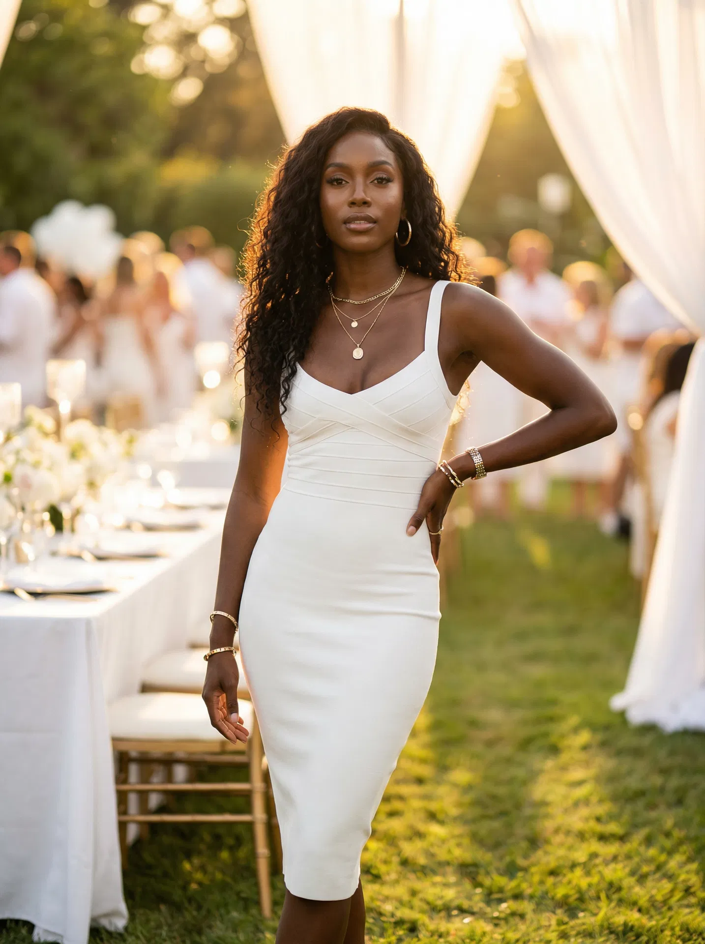 Woman in white fitted bandage dress at outdoor brunch