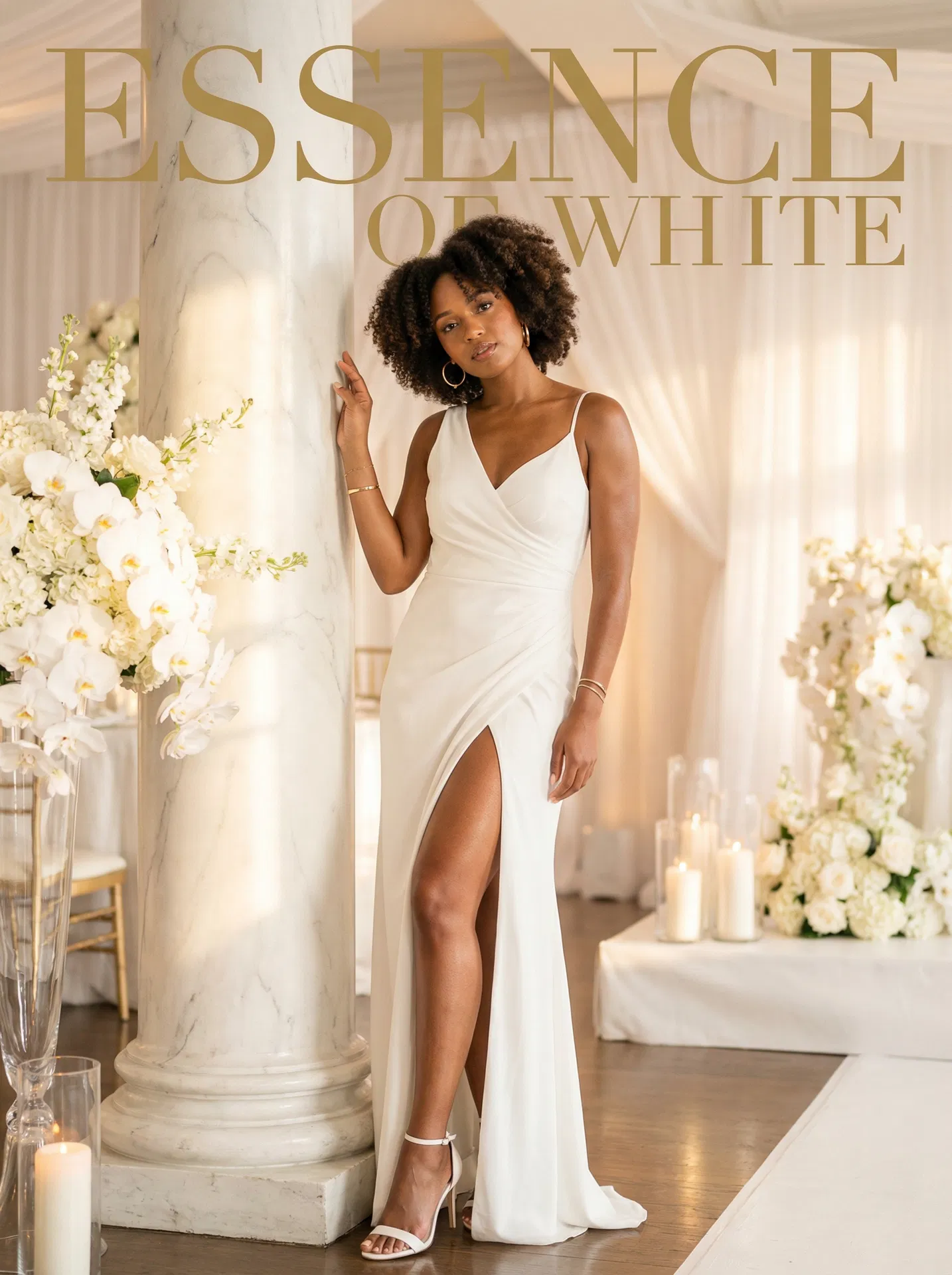 Woman in white halter gown with thigh slit