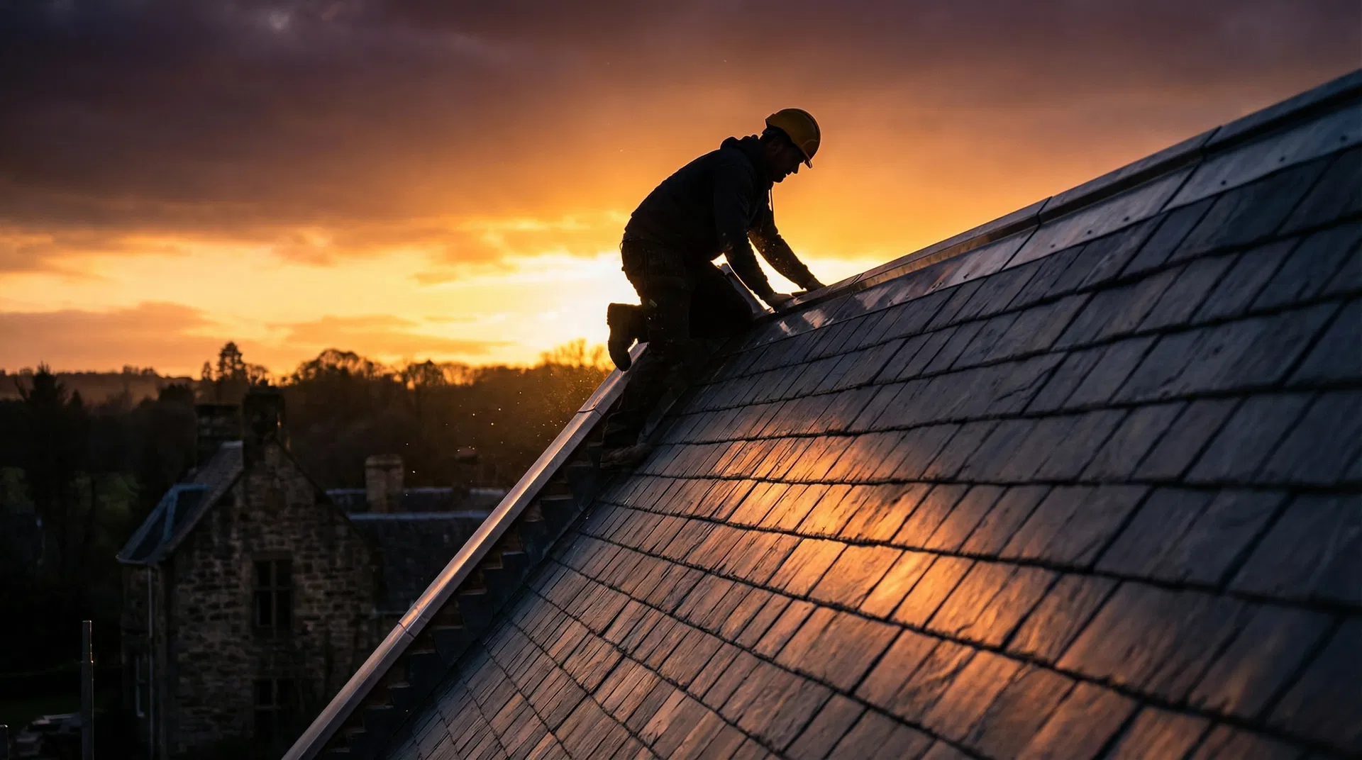 Dacharbeiten bei Sonnenuntergang